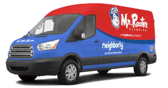 Red and blue branded Mr. Rooter and Neighborly van.